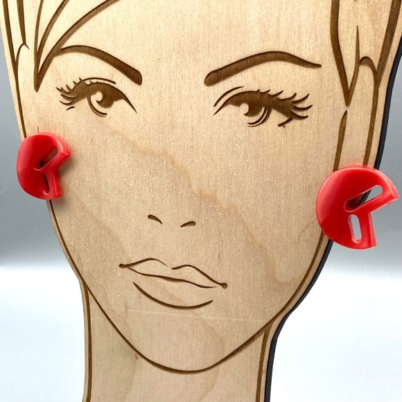 Oh So 80s Retro Mod Earrings, Red Moonglow Lucite with Fun Cutouts - Picture 4 of 5